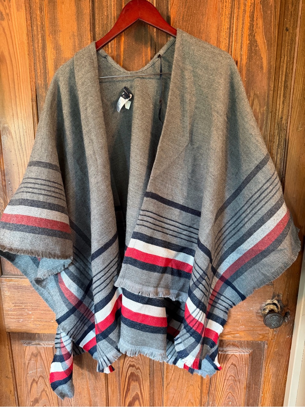 Tommy Hilfiger Gray Striped Cape with Navy & Red Bands